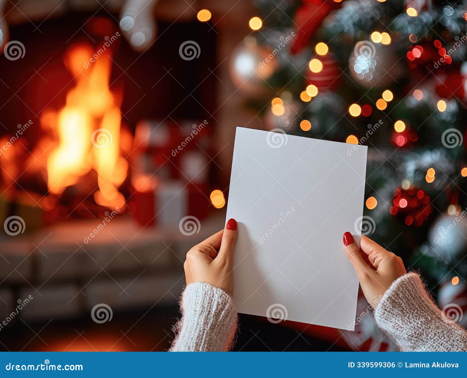 first-person view of a woman holding blank card near cozy christmas fireplace scene