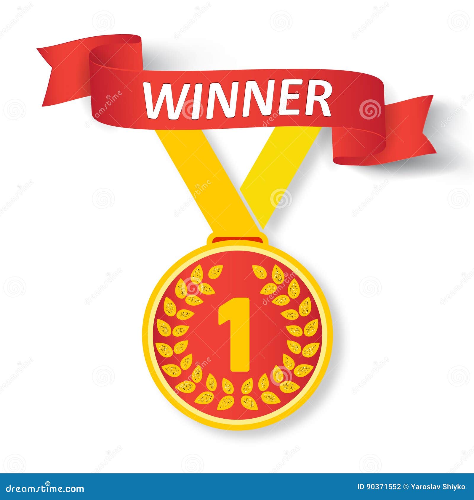 First Place Award. Gold Medal with Ribbon and Text Winner, Vector
