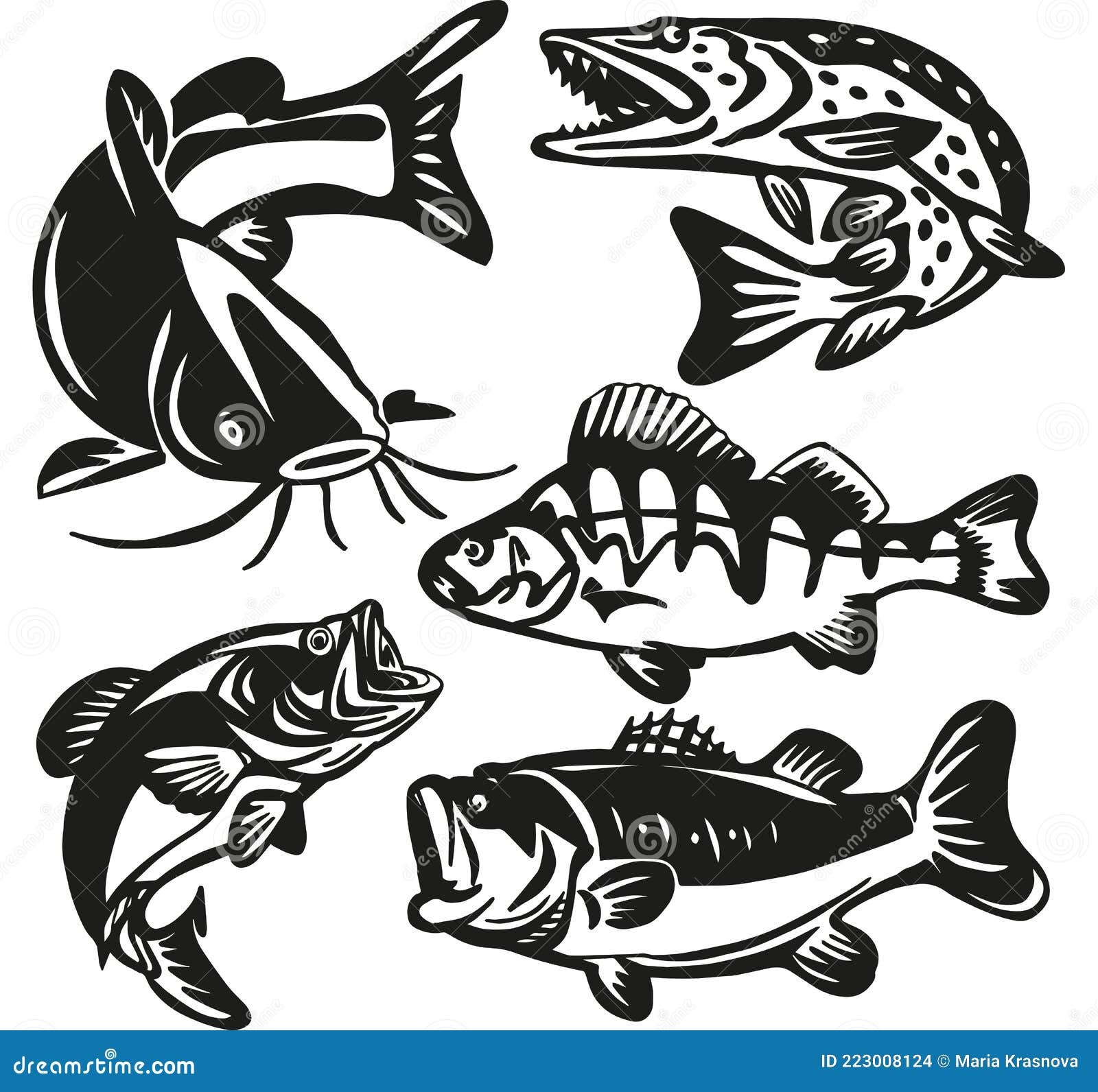 Fisch Schwarz Silhouetten Vektor Symbole Fischmarkt Und Fischerei.  Meerhering Seeforelle Und Barsch Ozean Rosa Lachs Fluss Sheatfi Vektor  Abbildung - Illustration von englisch, flach: 223008124