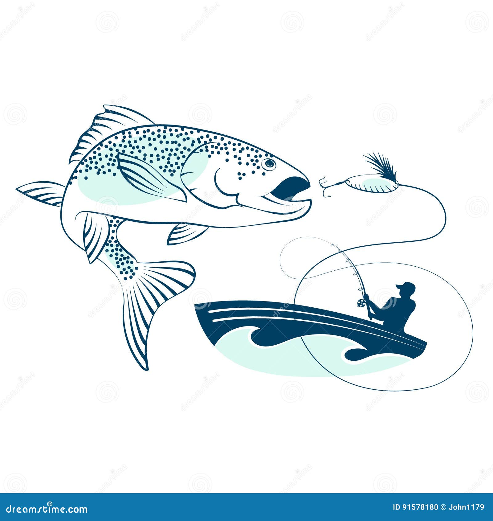 Fischen Sie Das Springen Und Einen Fischer In Einem Boot Vektor Abbildung Illustration Von Auslegung Boot 91578180