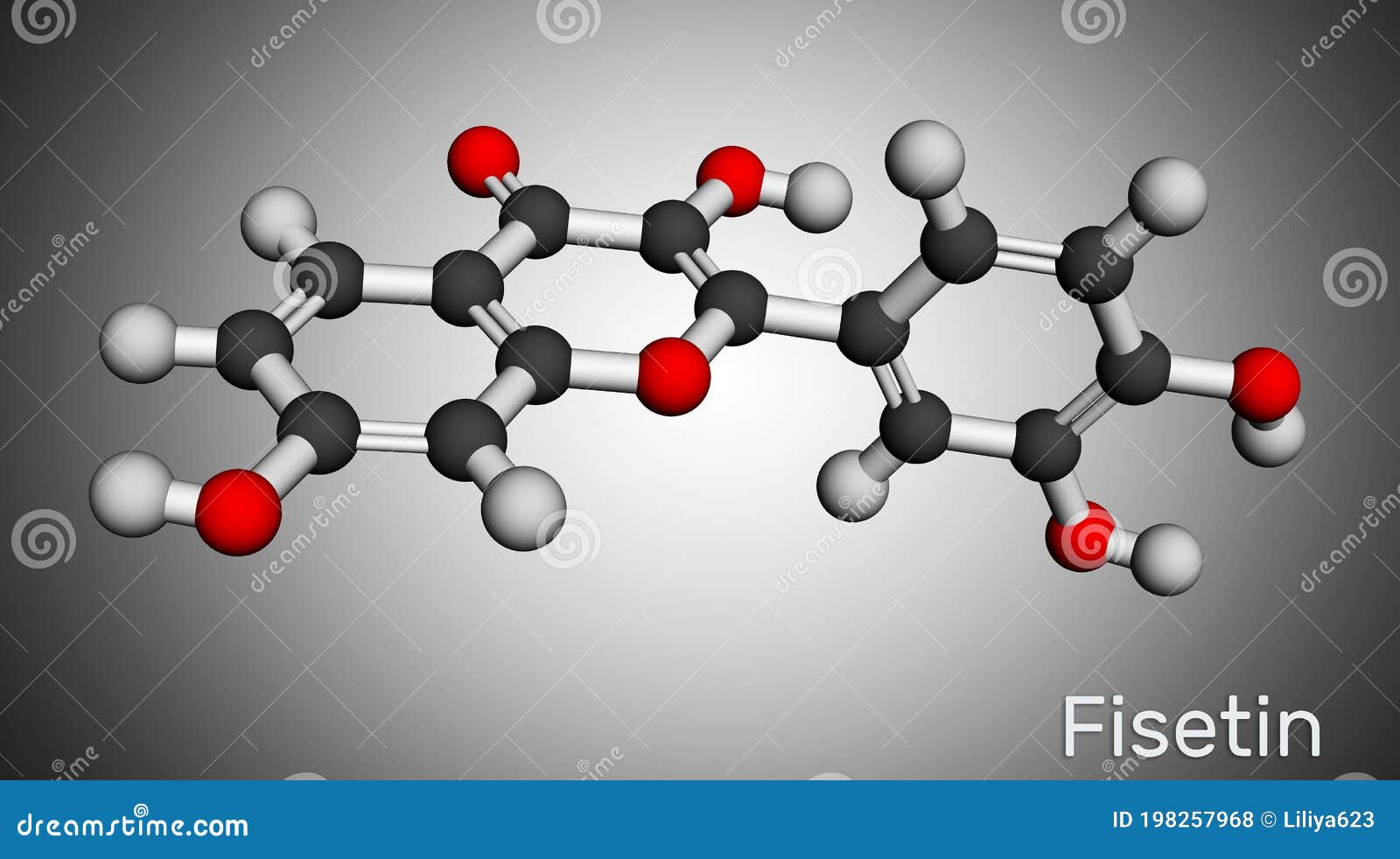 fisetin molecule. it is plant flavonol from the flavonoid group of polyphenols. molecular model