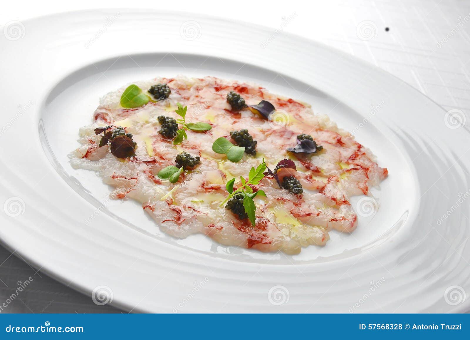 Fish Appetizer Carpaccio of Red Prawns and Caviar 2 Stock Photo Image