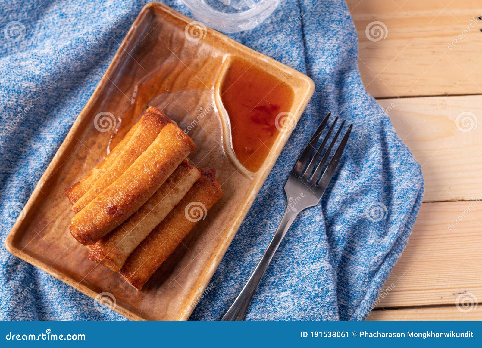 Fish Ball Fried with Dipping Sauce on a Blue Napkin Stock Image Image