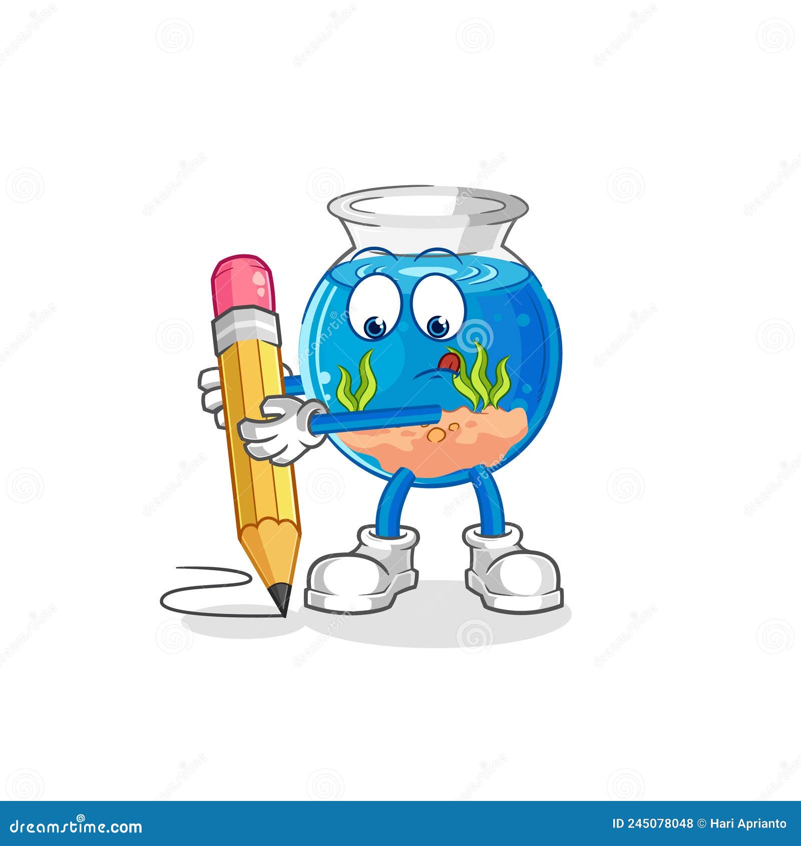Fish Bowl Write with Pencil. Cartoon Mascot Vector Stock Vector