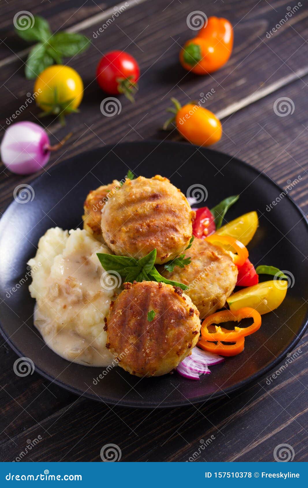 Fish Cakes with Mashed Potatoes and Vegetables. Fish Patties. Fried