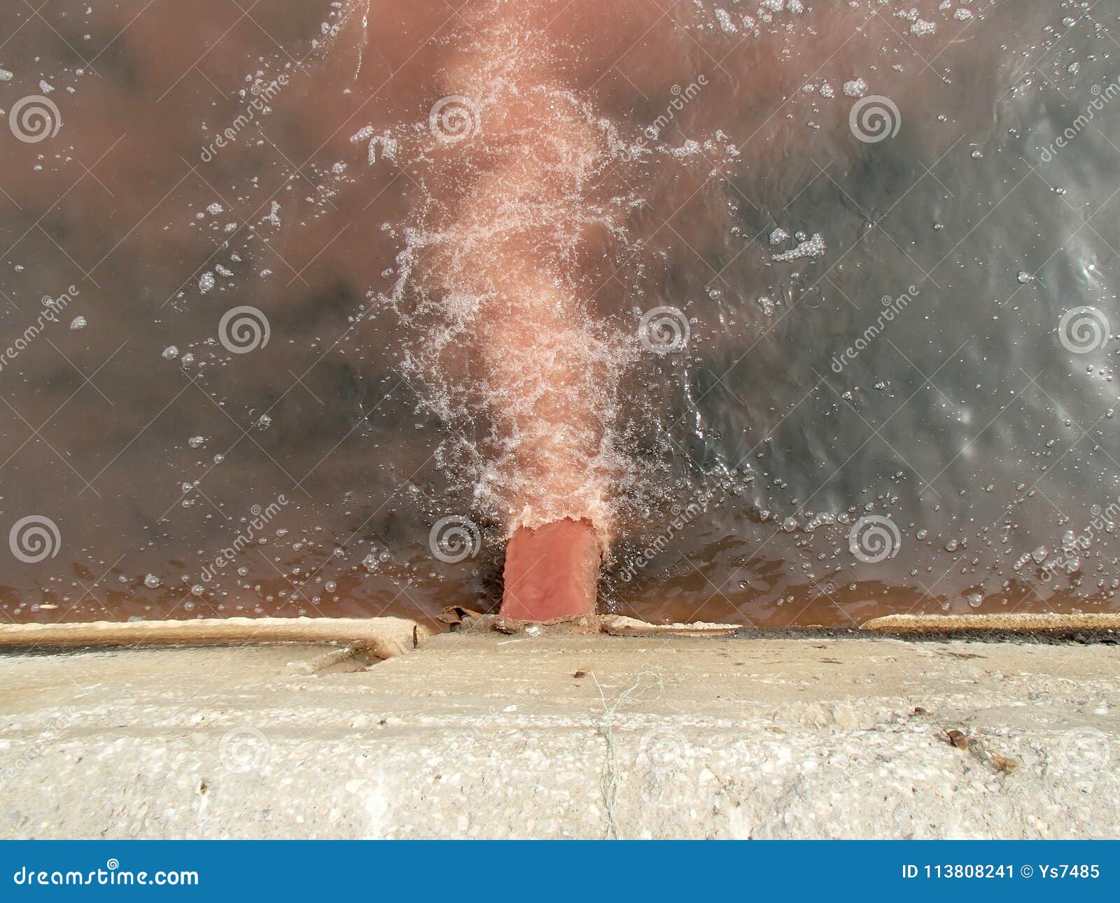 fish factory effluent pipe pouring wastewater with blood and entrails of processed fish into the sea