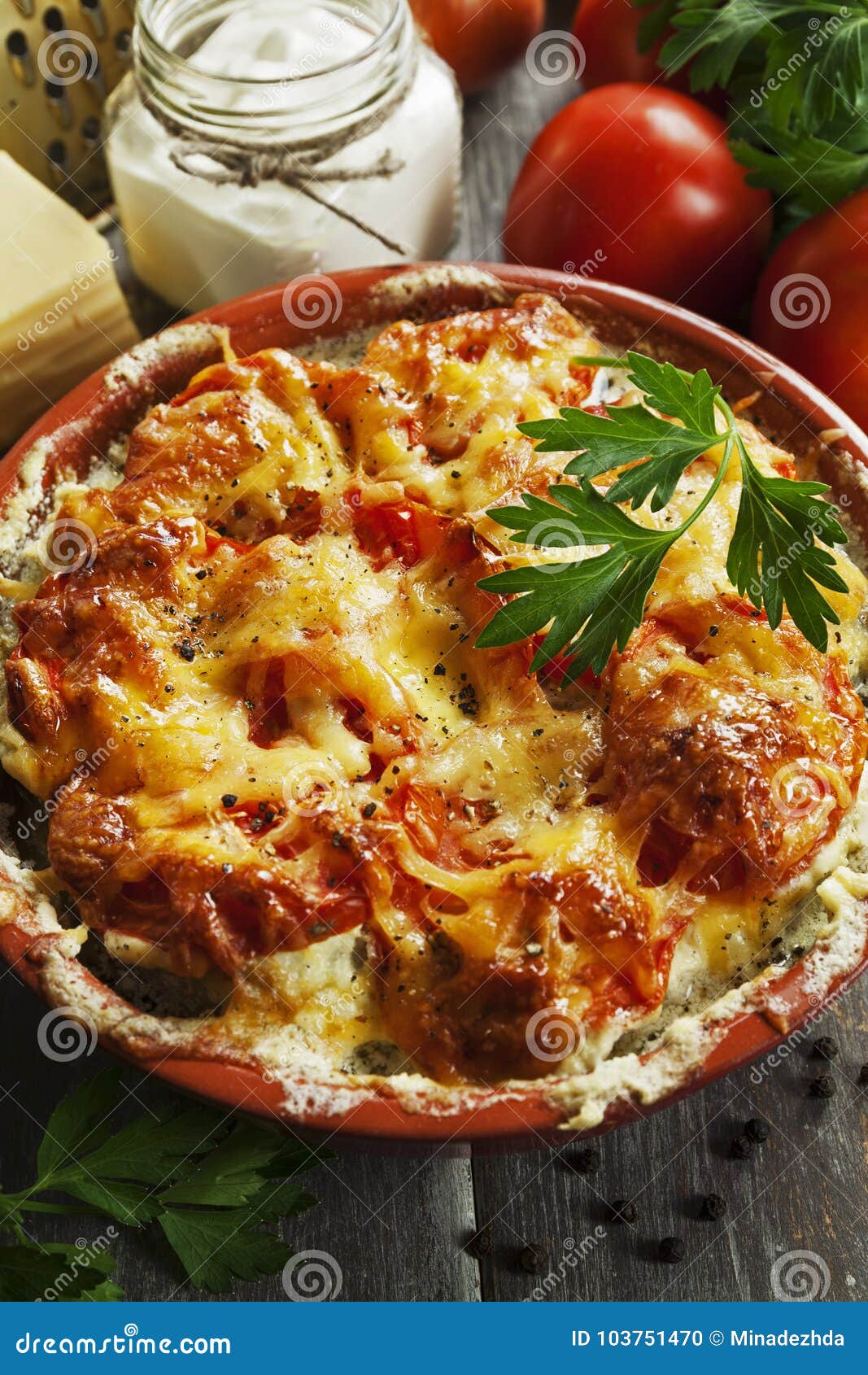 Fish Baked with Tomatoes, Sour Cream and Cheese Stock Photo Image of cooked, cookery 103751470