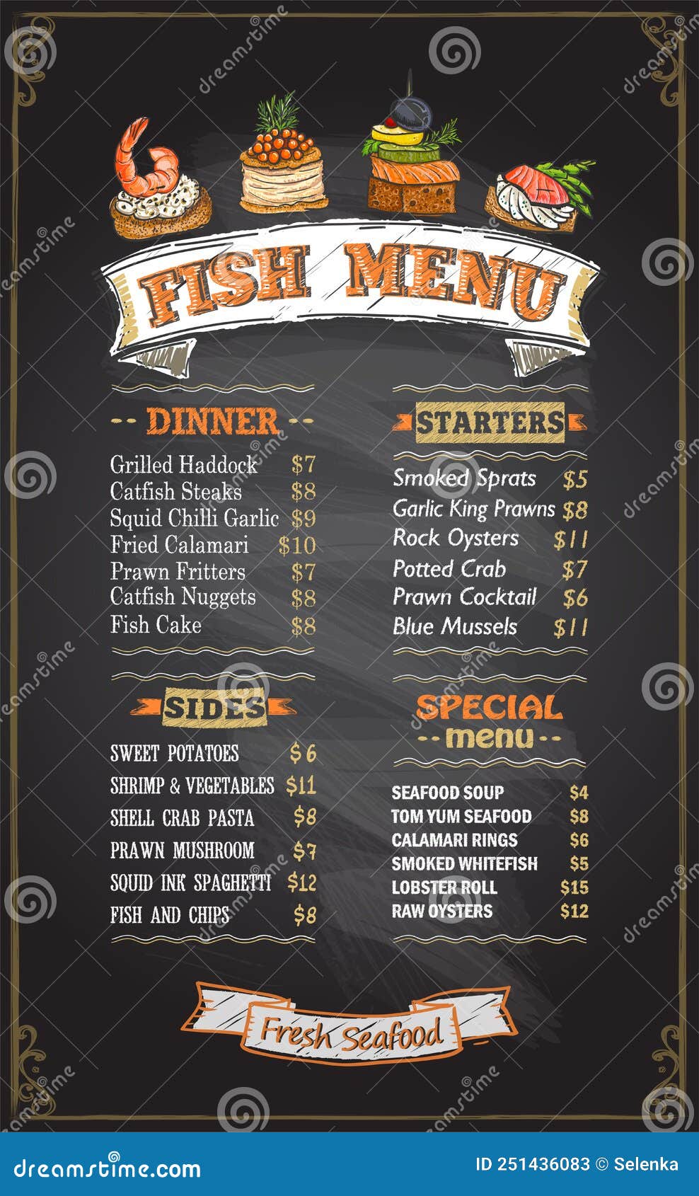 Fish Chalk Menu Board Vector Mockup With Dinner, Starters, Sides And