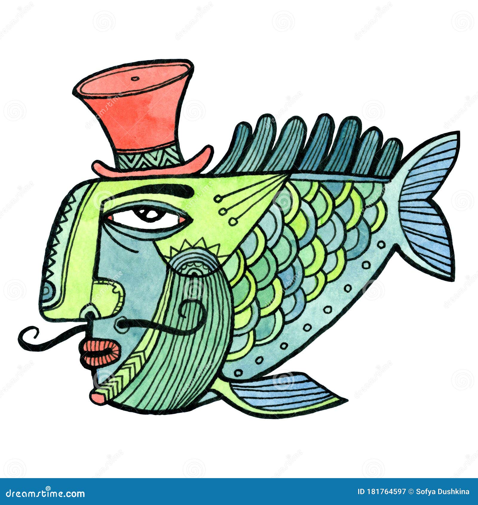 Fish Character with a Human Face and a Hat. Watercolor and Ink Illustration Stock Illustration - Illustration of animal, creative: 181764597 Fish Character with a Human Face and a Hat. Watercolor and Ink Illustration Stock Illustration - Illustration of animal, creative: 181764597