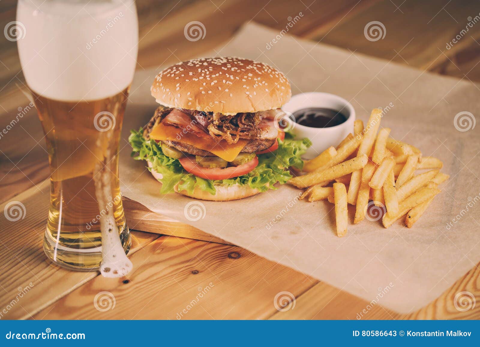 Fish and Chips Burger with Fried Potato Straw, Fresh Salad Cold Beer Stock Image Image of