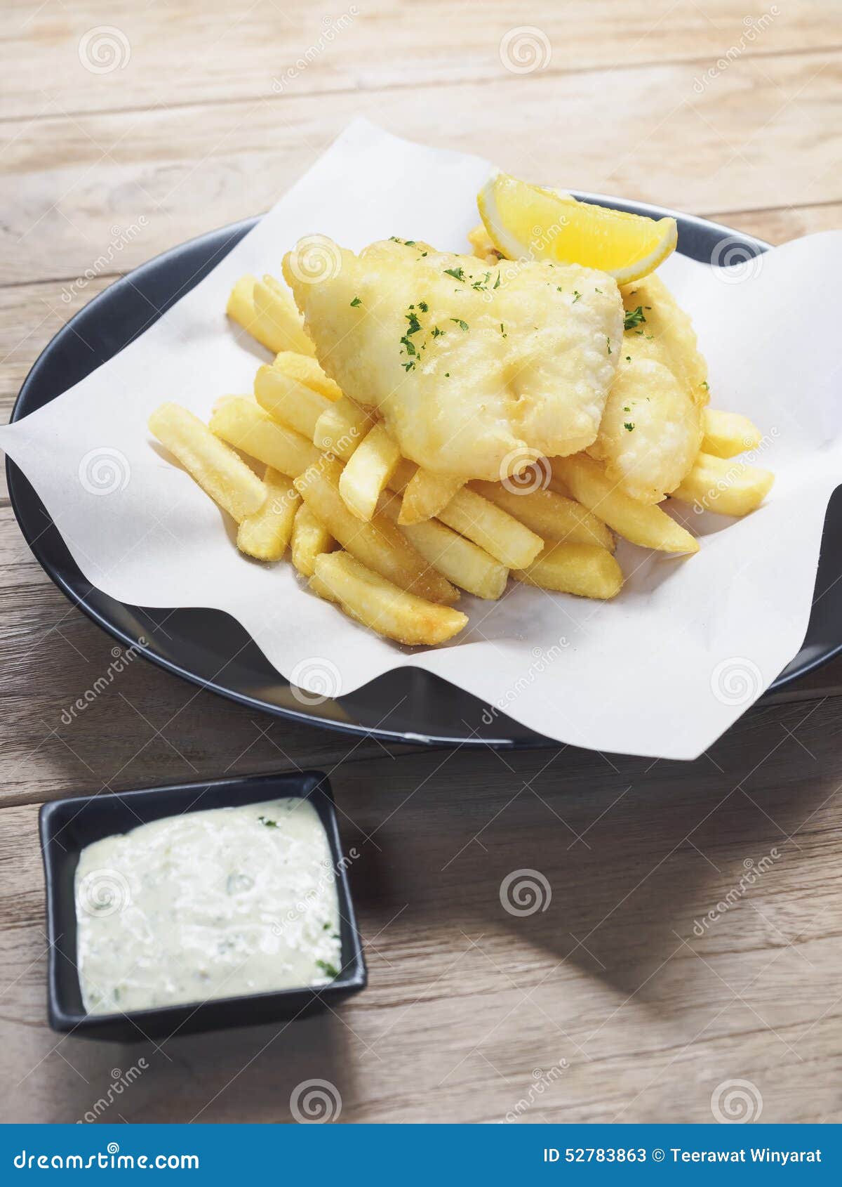 Fish and Chips with Sauce Dipping on Wooden Table Stock Image Image