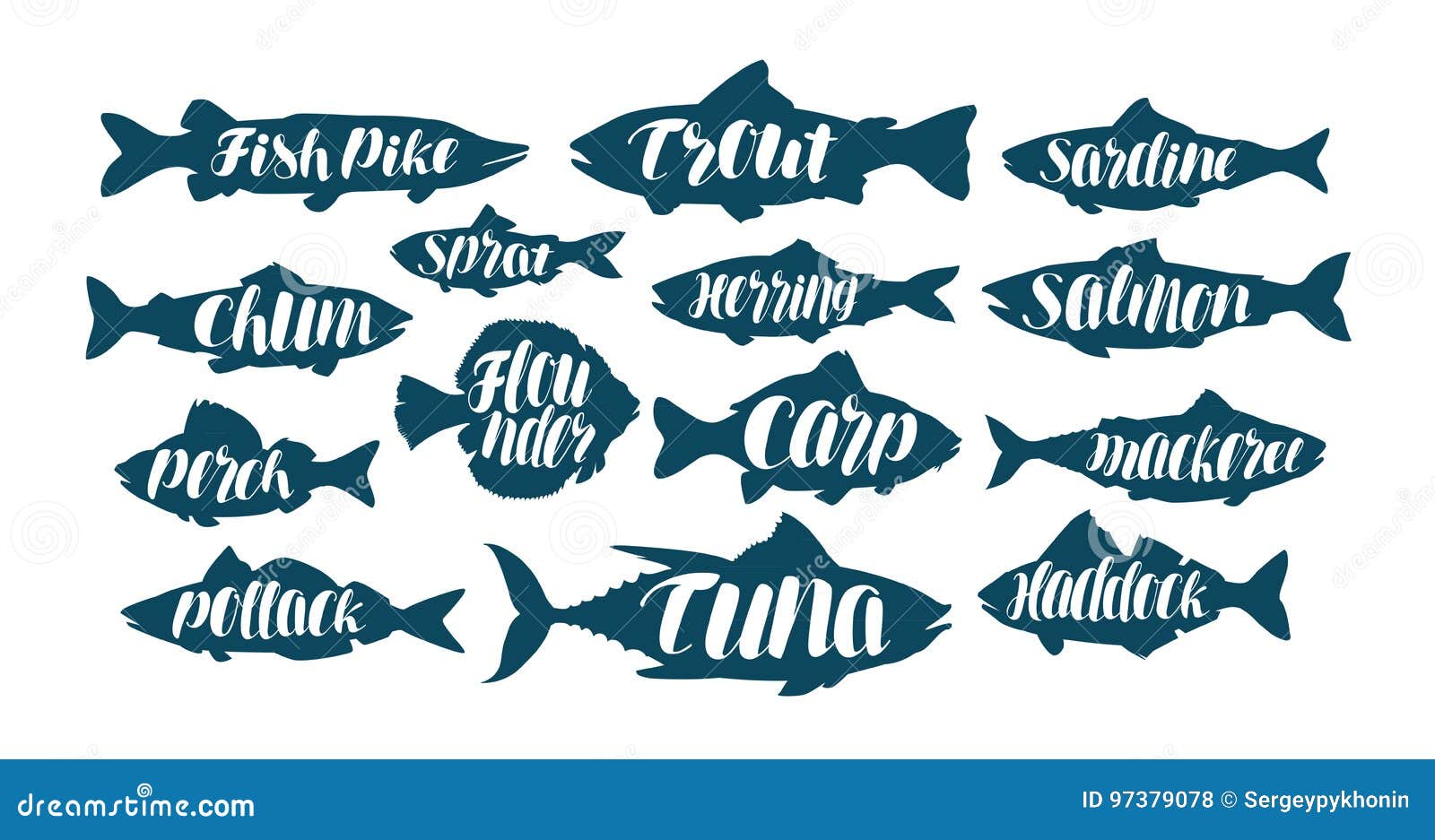 fish, collection labels or logos. seafood, food, fishing, angling set icons. handwritten lettering, calligraphy 