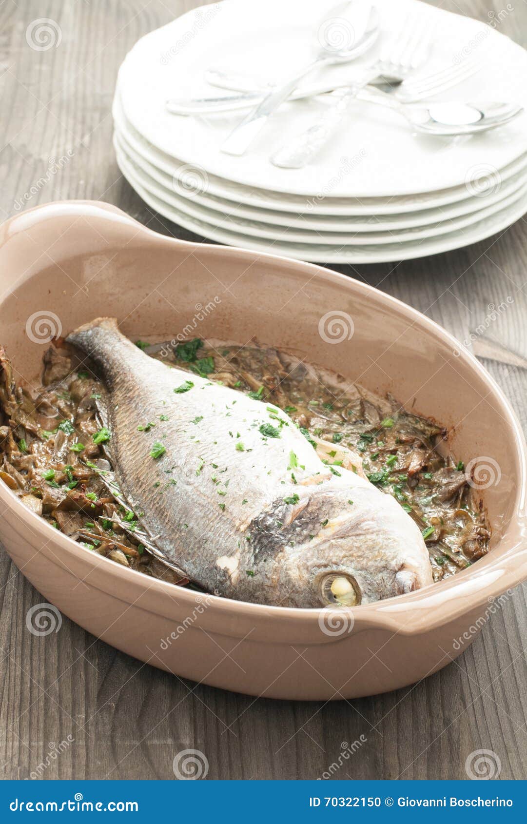 Fish Cooked Bream Baked with Stewed Artichokes Stock Photo - Image of ...