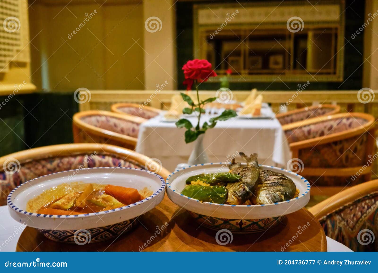 Fish and Couscous Dishes in the Traditional Arabic Restaurant Stock
