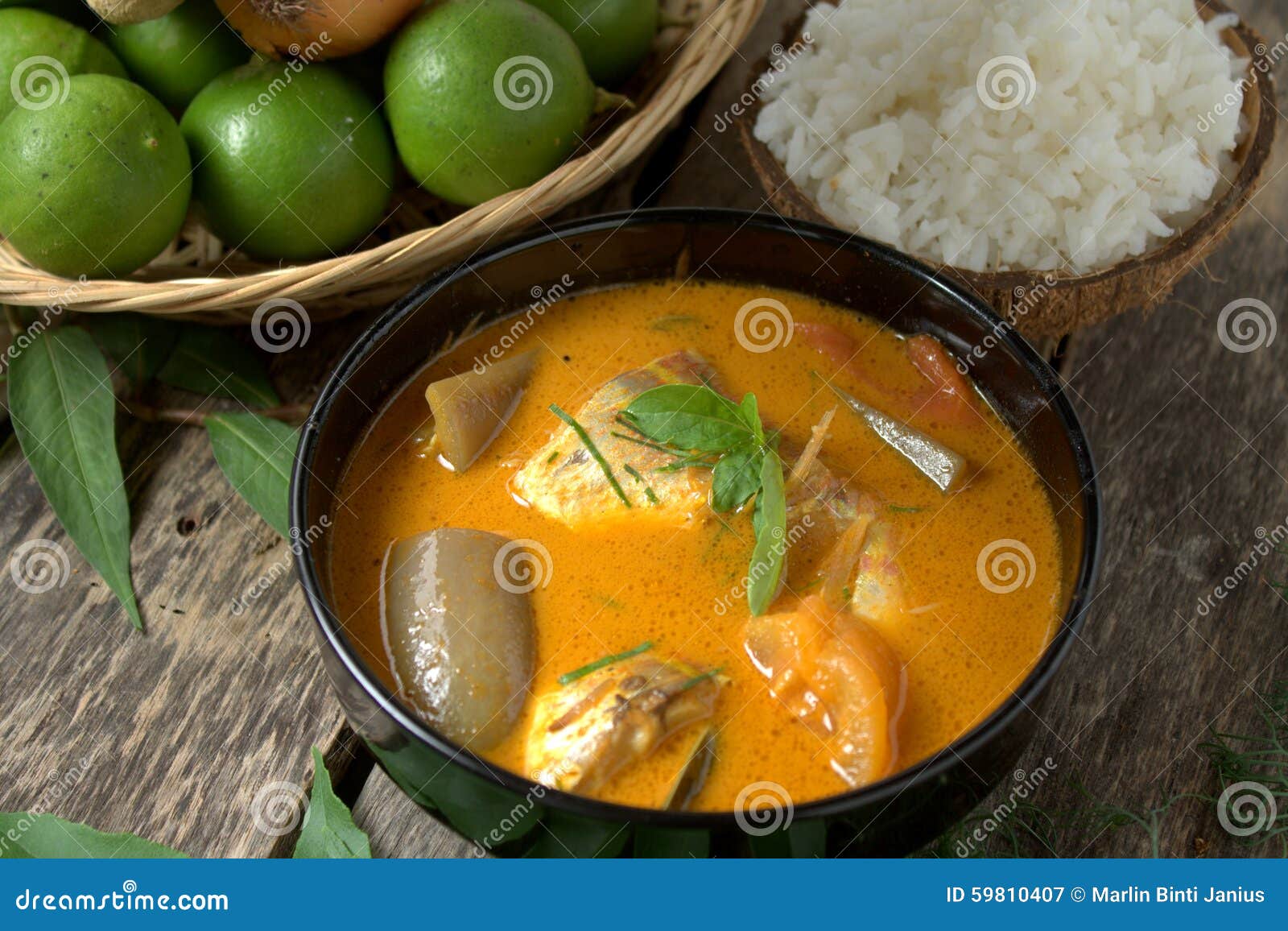 Fish Curry in Black Bowl with Rice Stock Image Image of malaysian