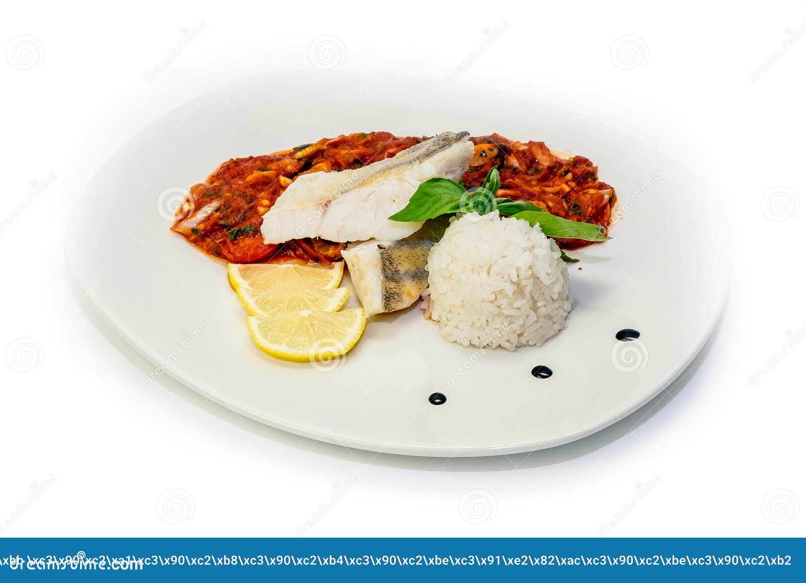 Fish Dish Fried Fish Fillet White Rice and Vegetables Stock Photo