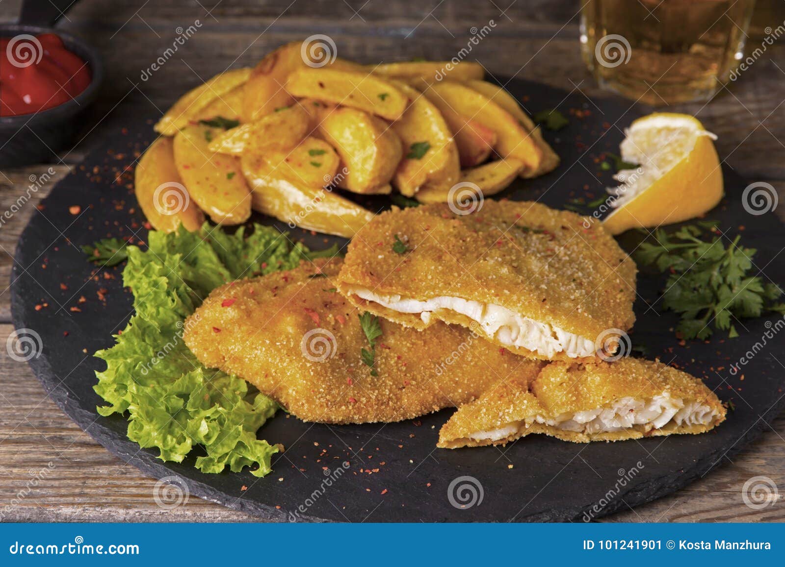 Fish Fillet Fried in Breadcrumbs with Potatoes Stock Image Image of food, plate 101241901