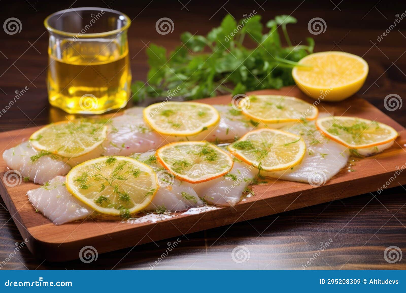 Fish Fillet Marinated in Citrus Juices on a Chopping Board Stock Image