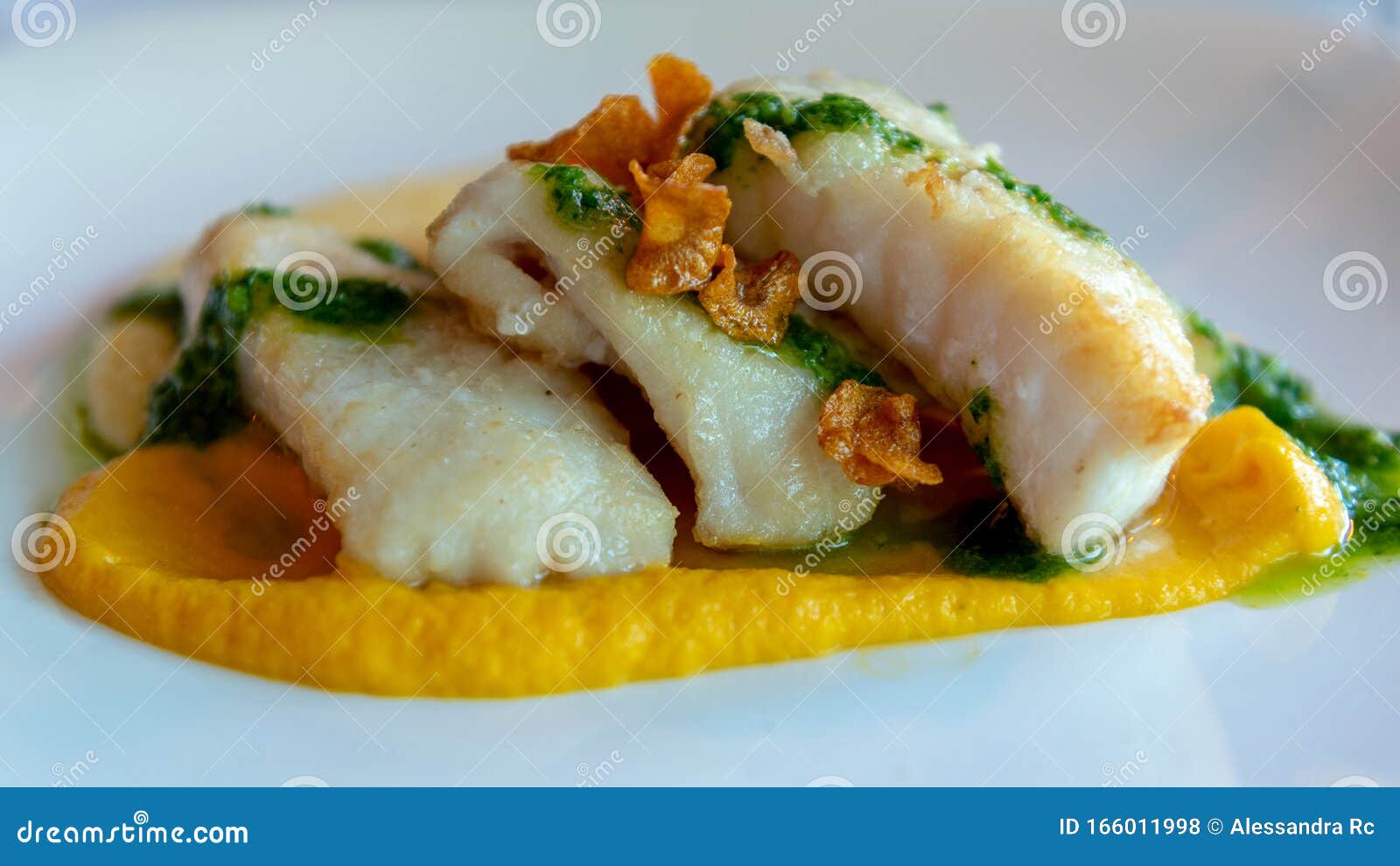 Fish Fillet on Mashed Sweet Potato Detail Side Stock Photo - Image of