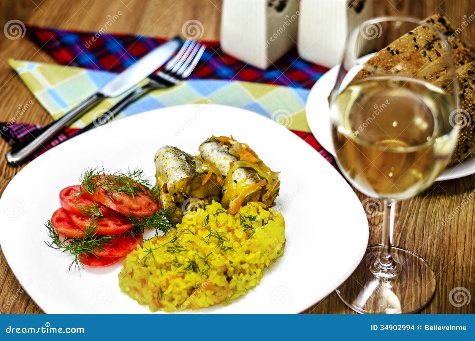 Fish fillet and white wine stock photo. Image of dine 34902994