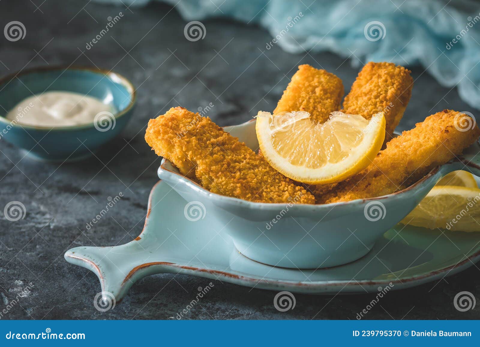 Fish Fingers with Lemon and Sour Cream Stock Photo Image of golden, fish 239795370
