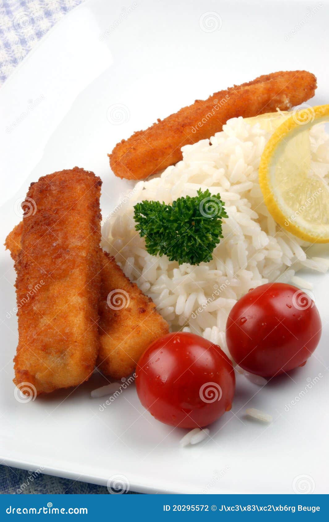Fish Fingers with Rice on a Plate Stock Photo Image of plate, lemon