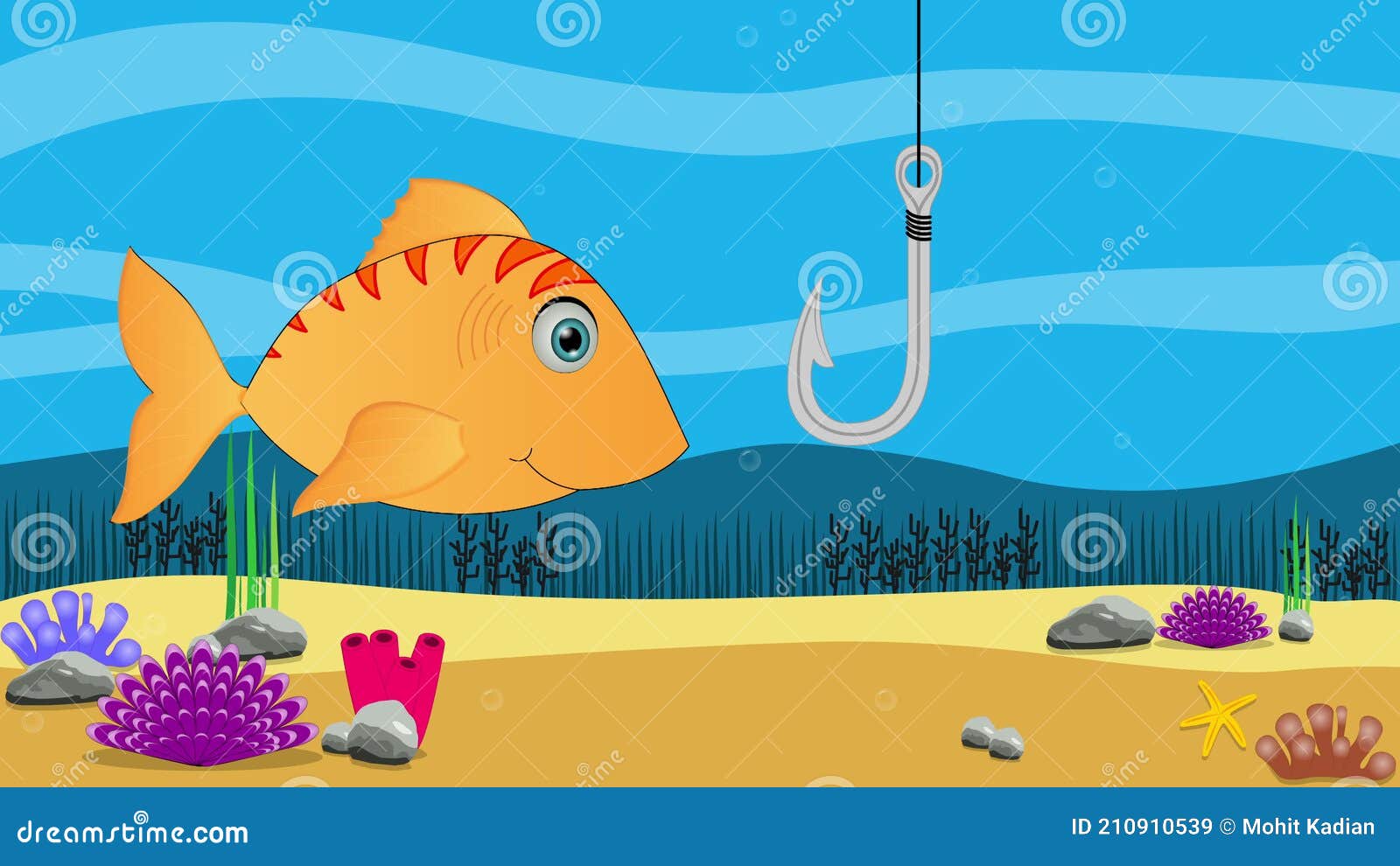 Seamless Looping Animation of Colorful Fish with Fishing Hook