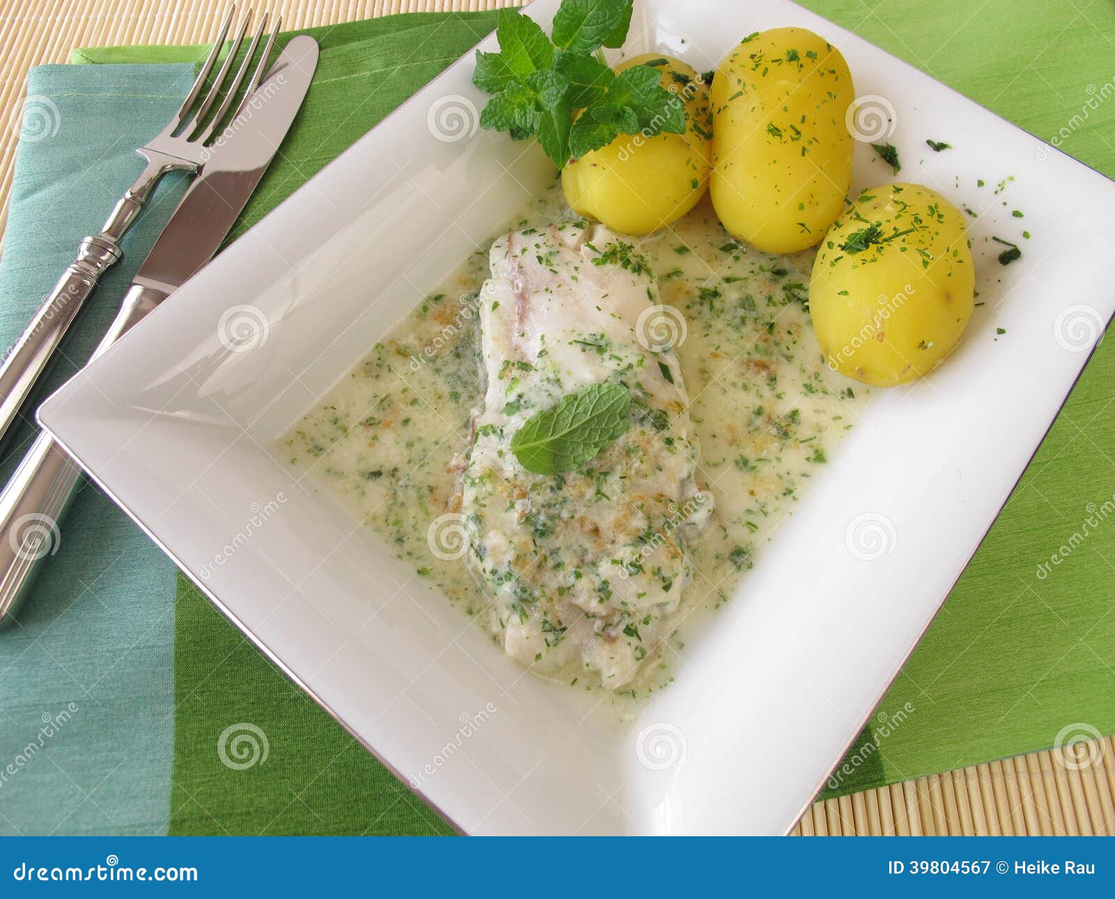 Fish on Herb Sauce with Potatoes Stock Image Image of meal, lunch