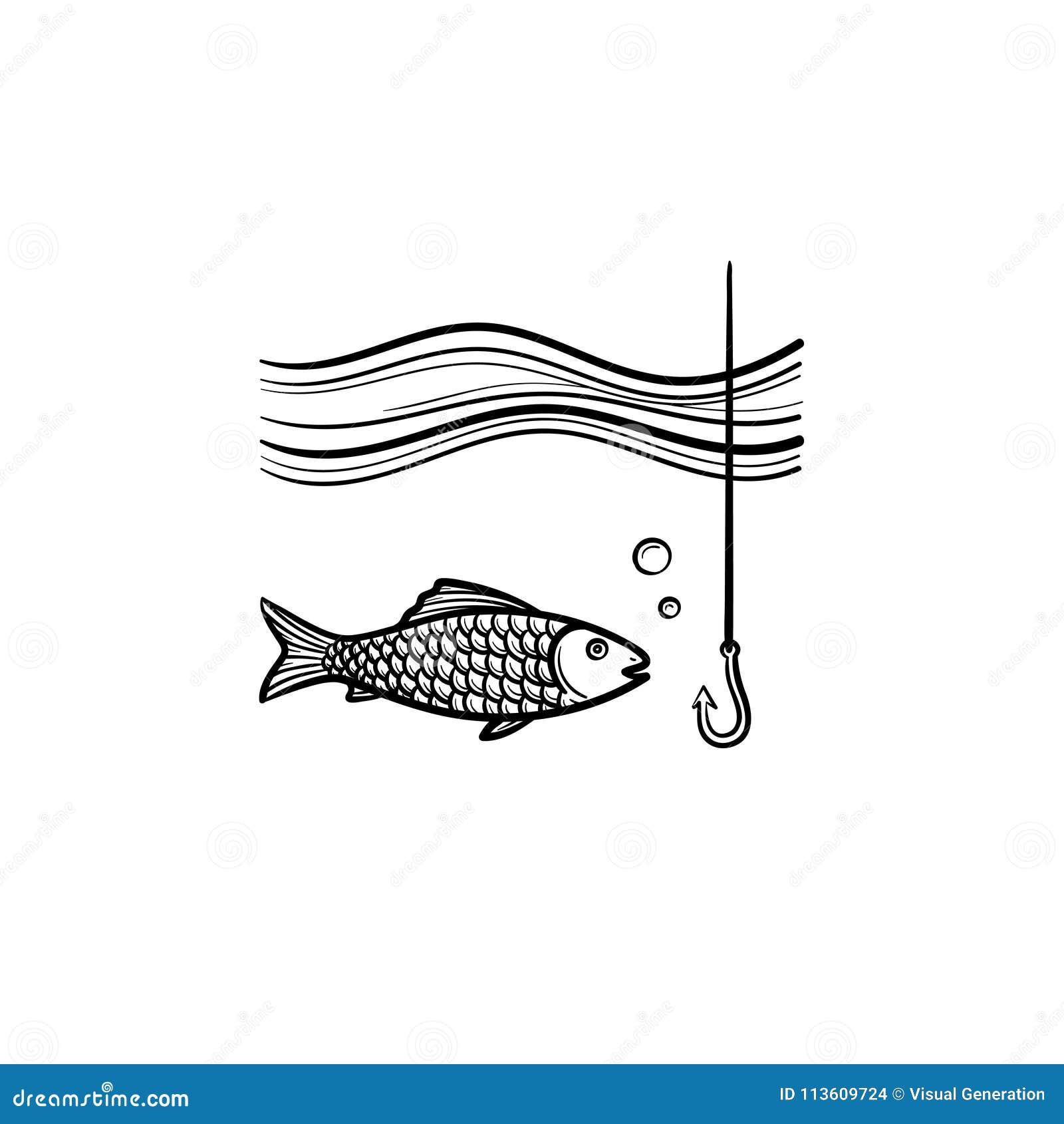 Fish with Hook Hand Drawn Sketch Icon. Stock Vector - Illustration