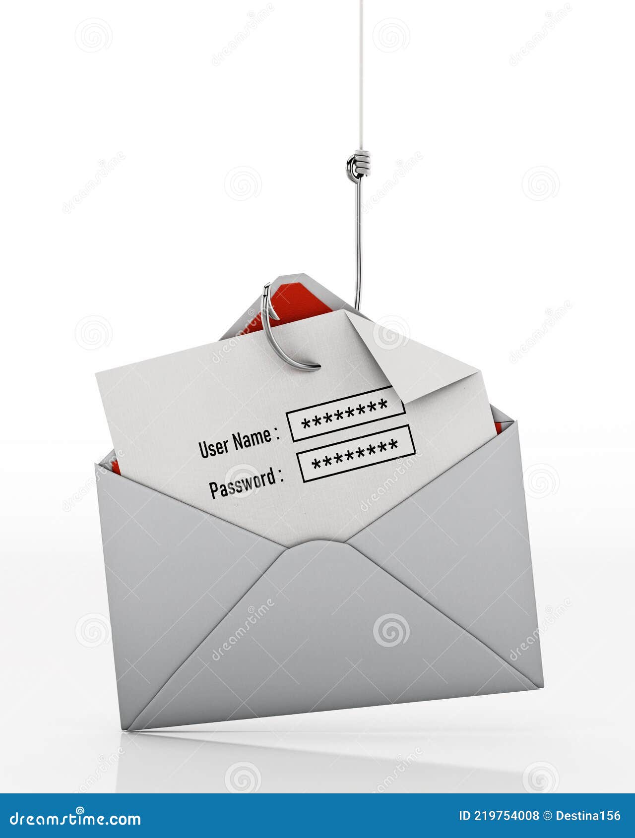 fish hook stealing user name and password text areas on paper inside an enveloppe. 3d 