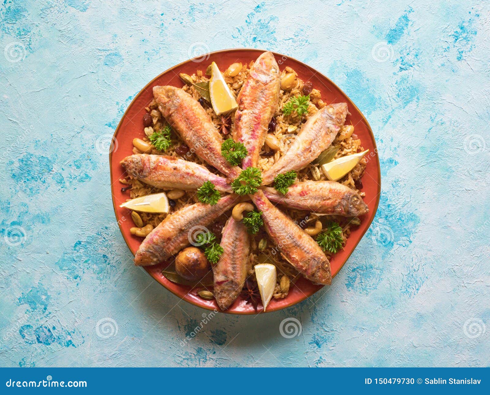 Fish Kabsa, Mixed Rice Dishes. Middle Eastern Food Stock Photo Image