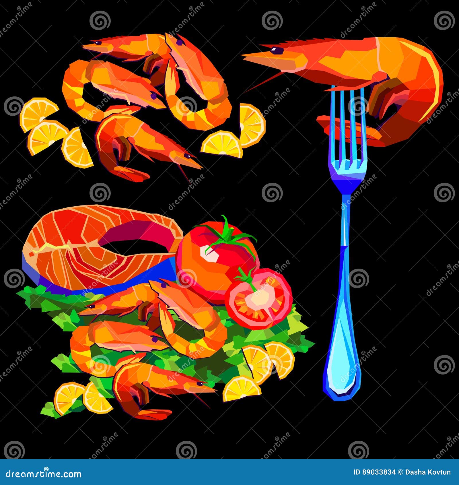 Fish lemon tomato dish seafood shrimp vector salmon illustration tasty
