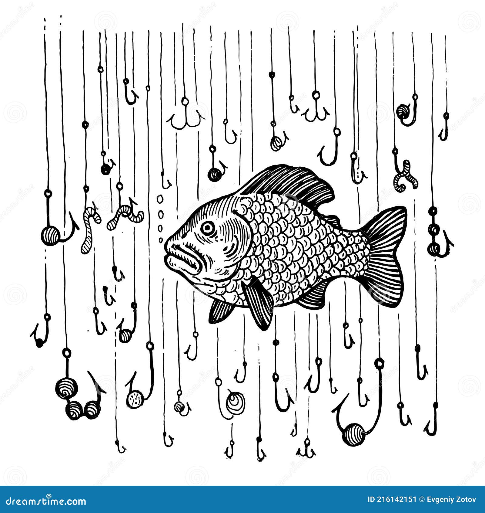 Fish and a Lot of Fish Hooks, Vector Illustration. a Collection of Fish  Stock Vector - Illustration of character, business: 216142151