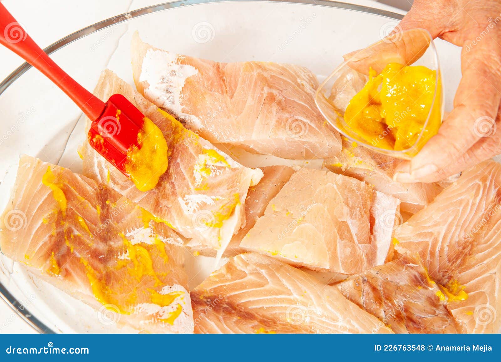 Fish Marinade Preparation Steps Spreading the Fish with Mustard Stock