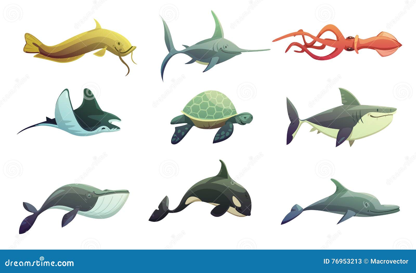 Fish and Marine Animals Cartoon Set Stock Vector - Illustration of  atlantic, retro: 76953213