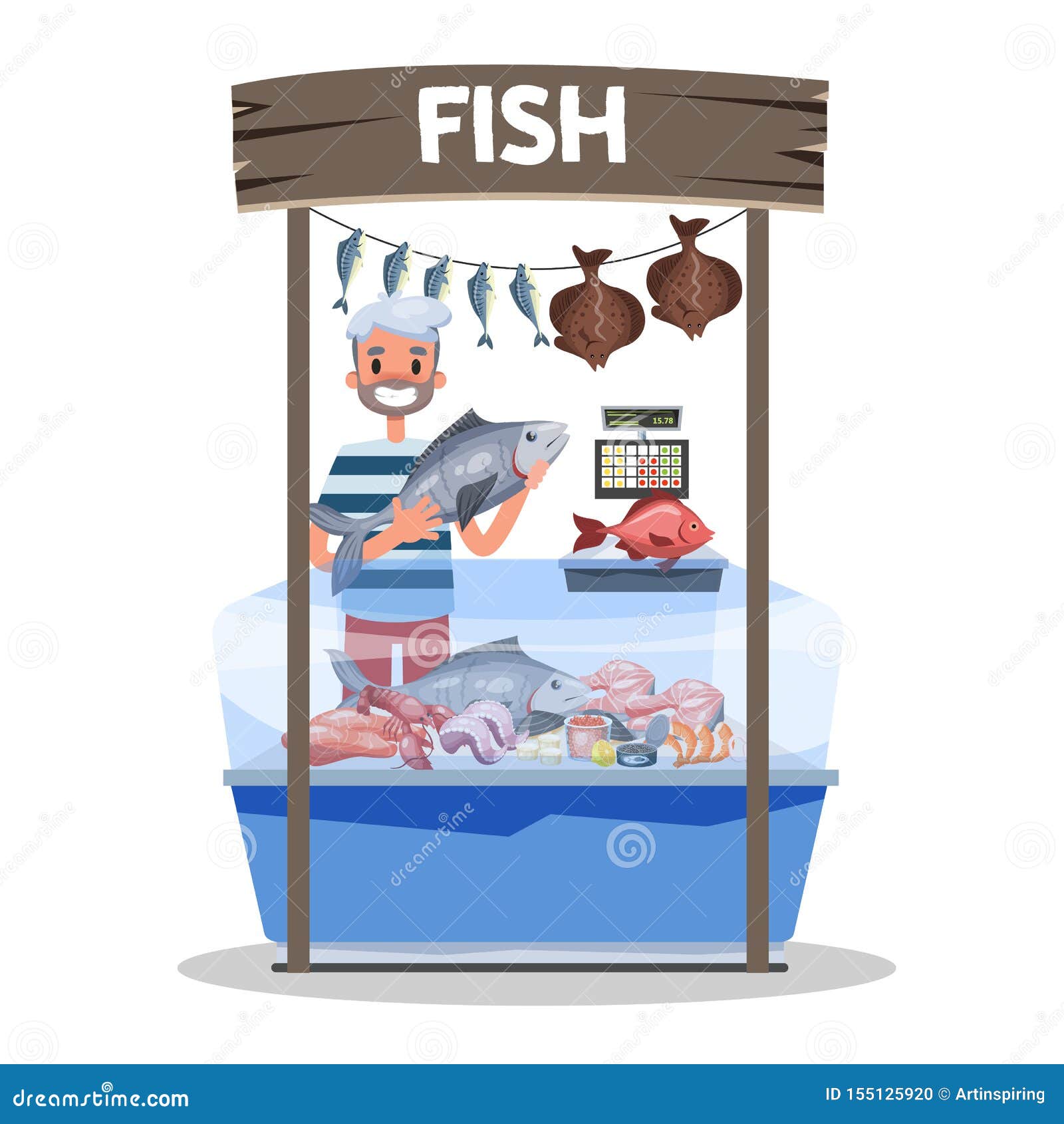 Download Fish Market Concept. Seafood Behind Showcase And Seller Stock Vector - Illustration of ...