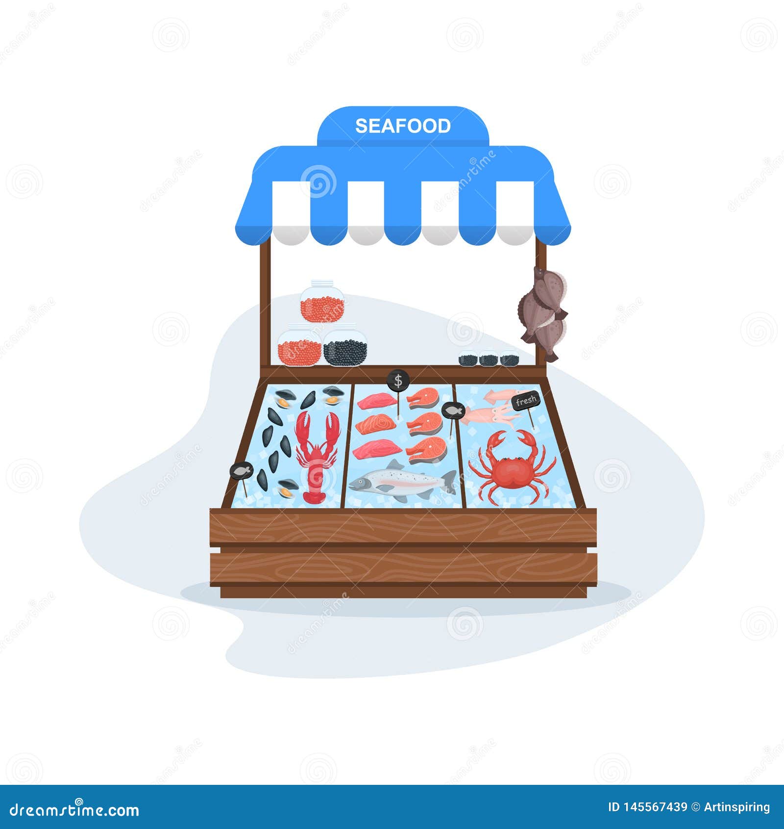 Fish Market Concept Seafood In Ice Stock Vector Illustration Of