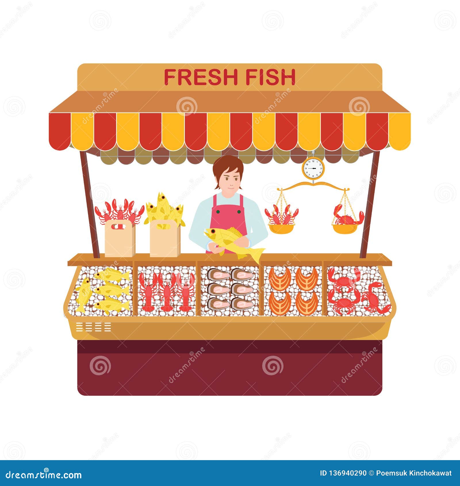 Fish Market With Sellers And Seafood Stock Vector - Illustration of ...