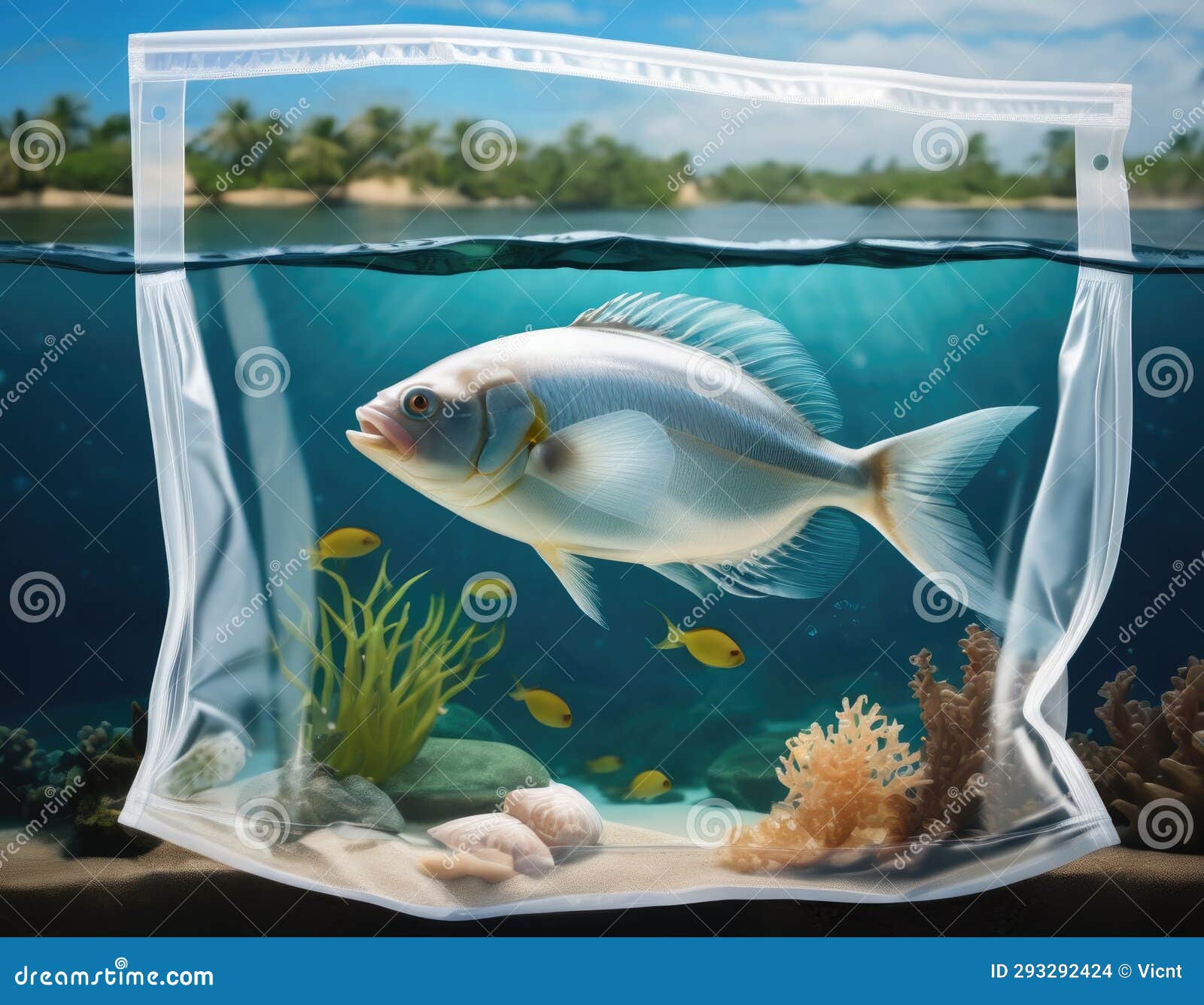 Fish in a plastic bag. stock illustration. Illustration of coral