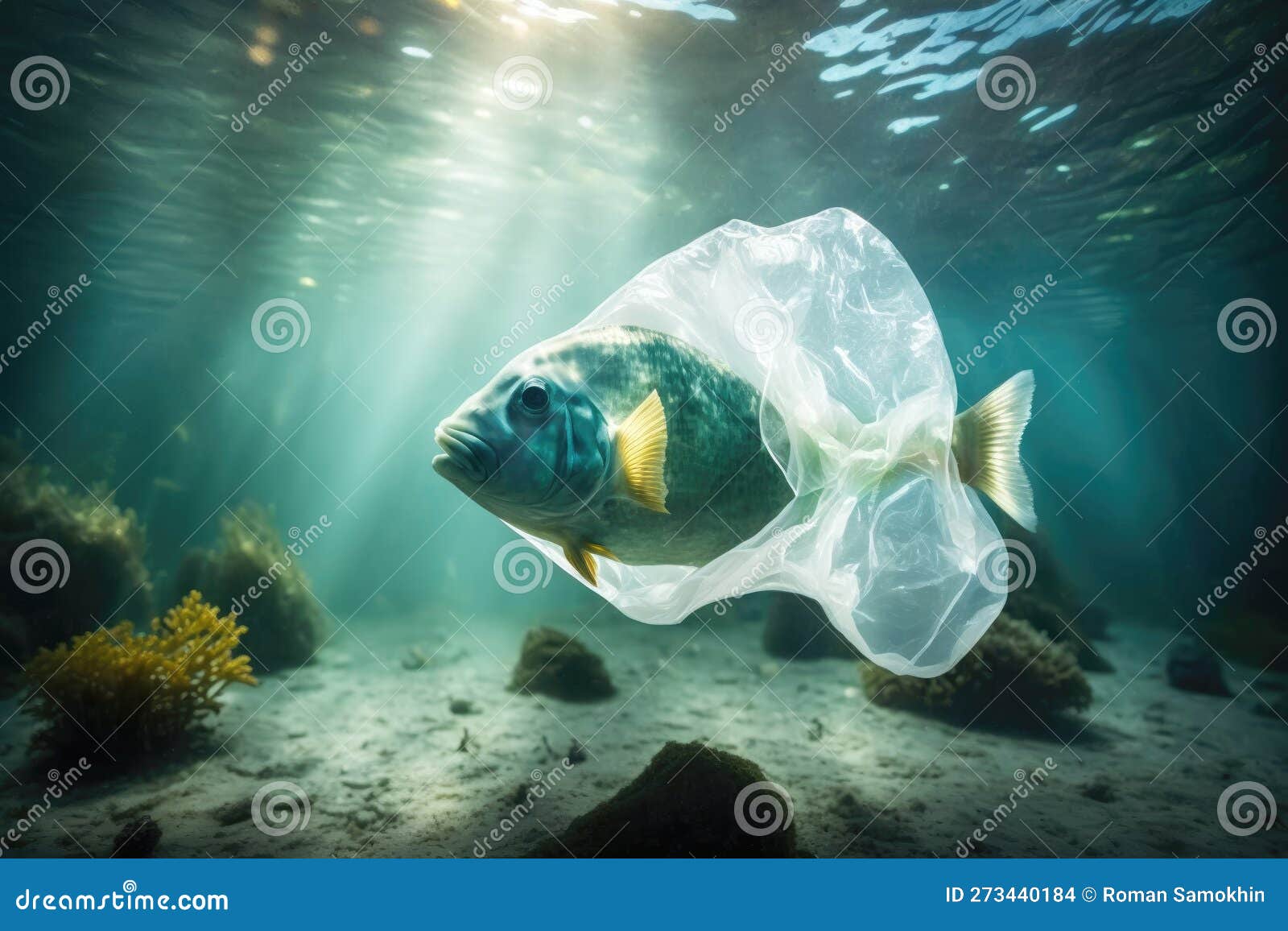 Fish in Plastic Bag. Massive Plastic Pollution Underwater Concept