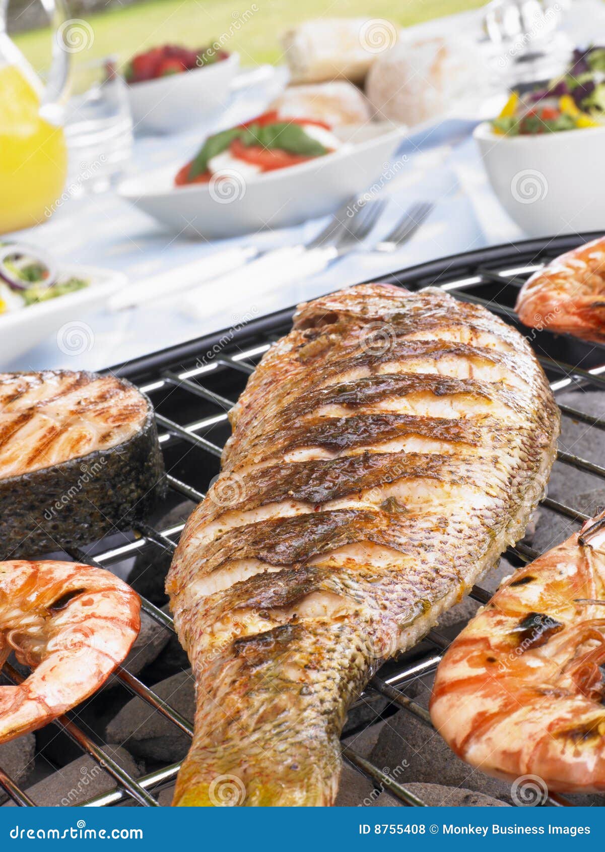 Fish and Prawns Cooking on a Grill Stock Photo Image of united, color