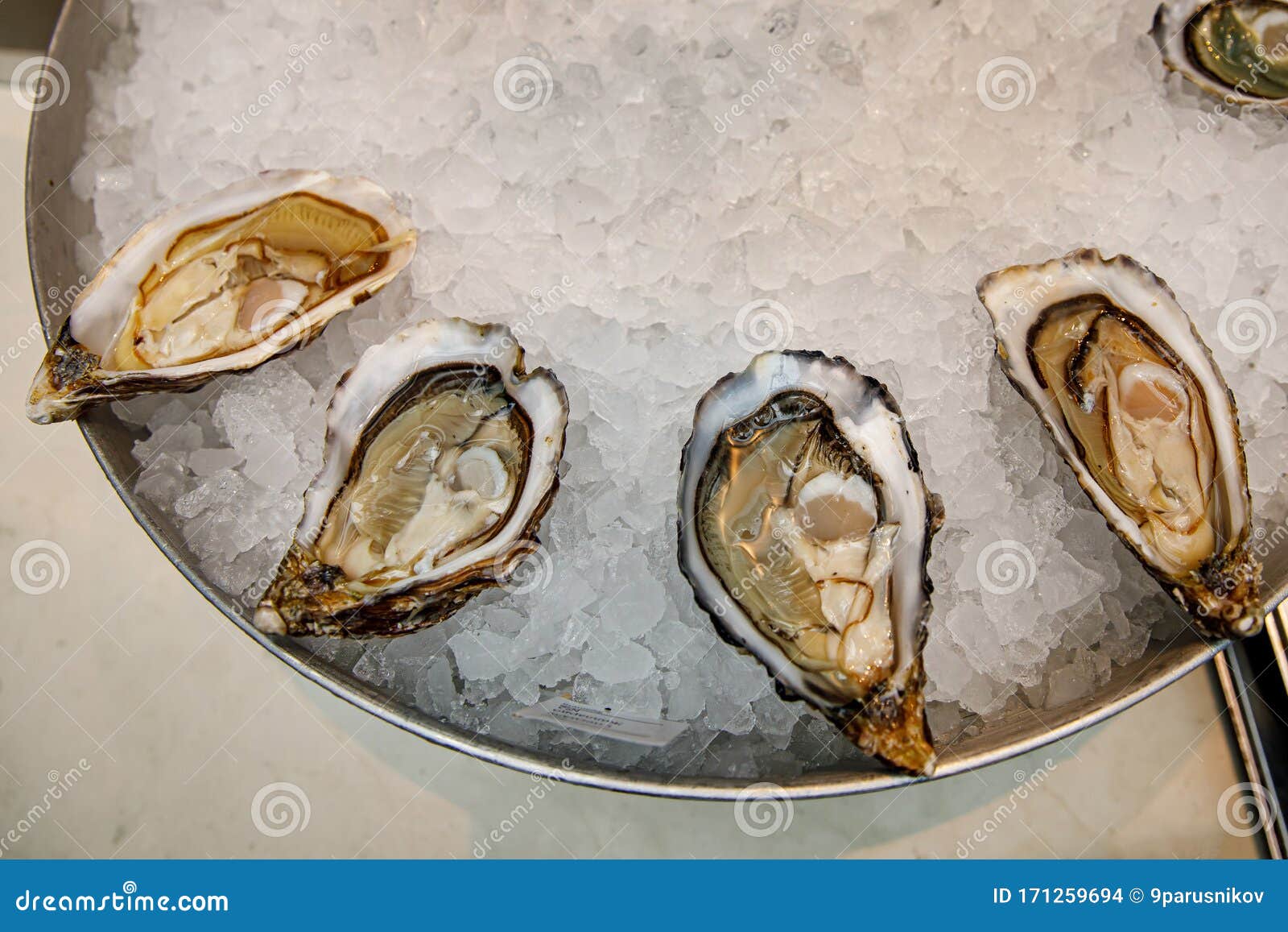 Fish Restaurant. Raw Oysters on Tray with Ice Stock Photo Image of