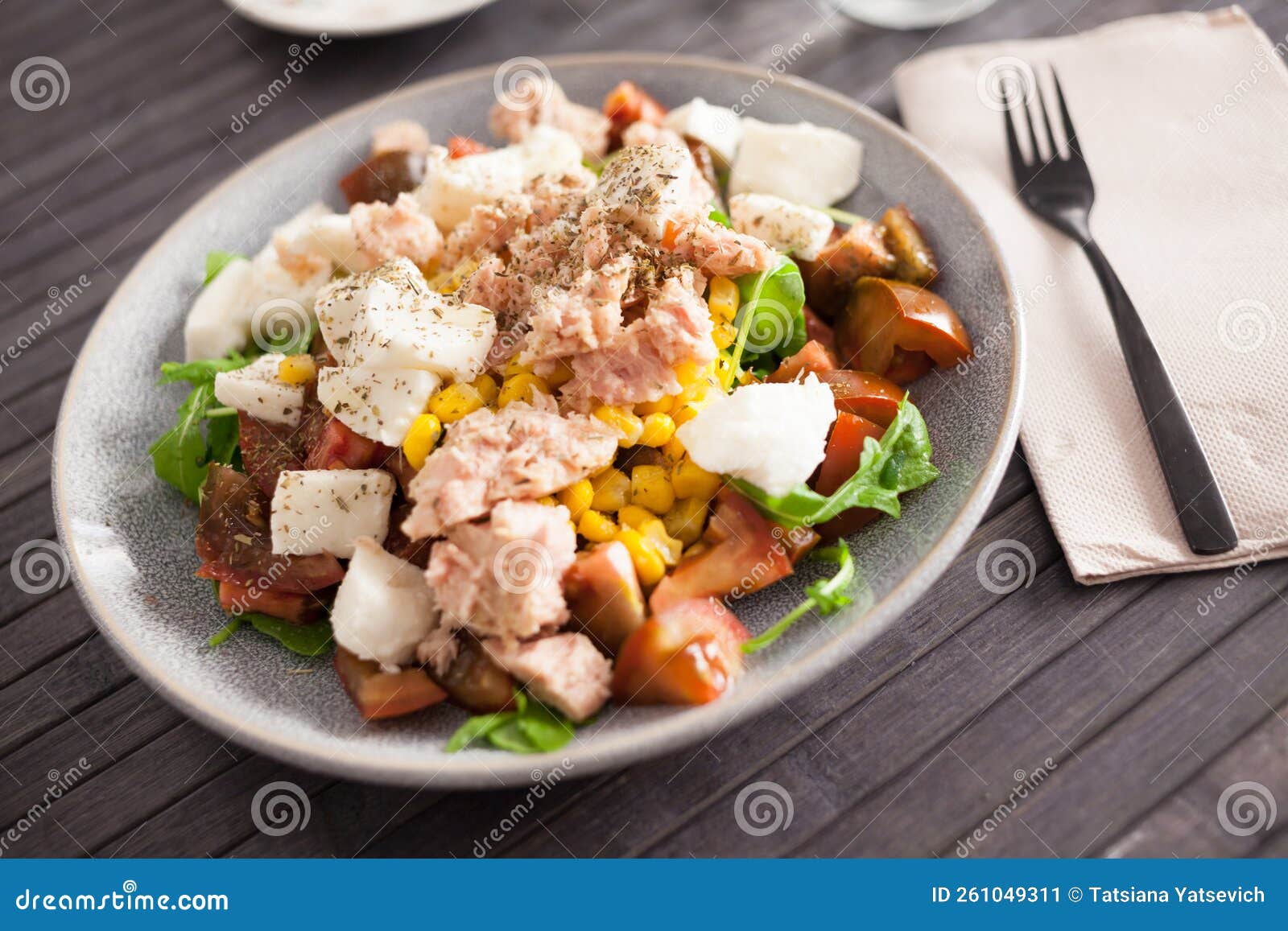 Fish Salad with Canned Tuna and Corn, Tomatoes and Arugula Stock Image
