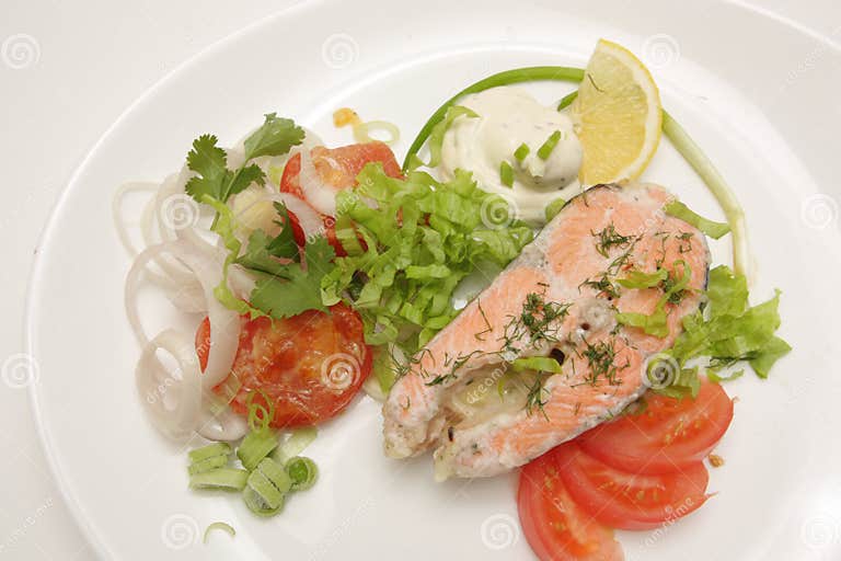 Fish with sauce and salad stock photo. Image of parsley 7375292