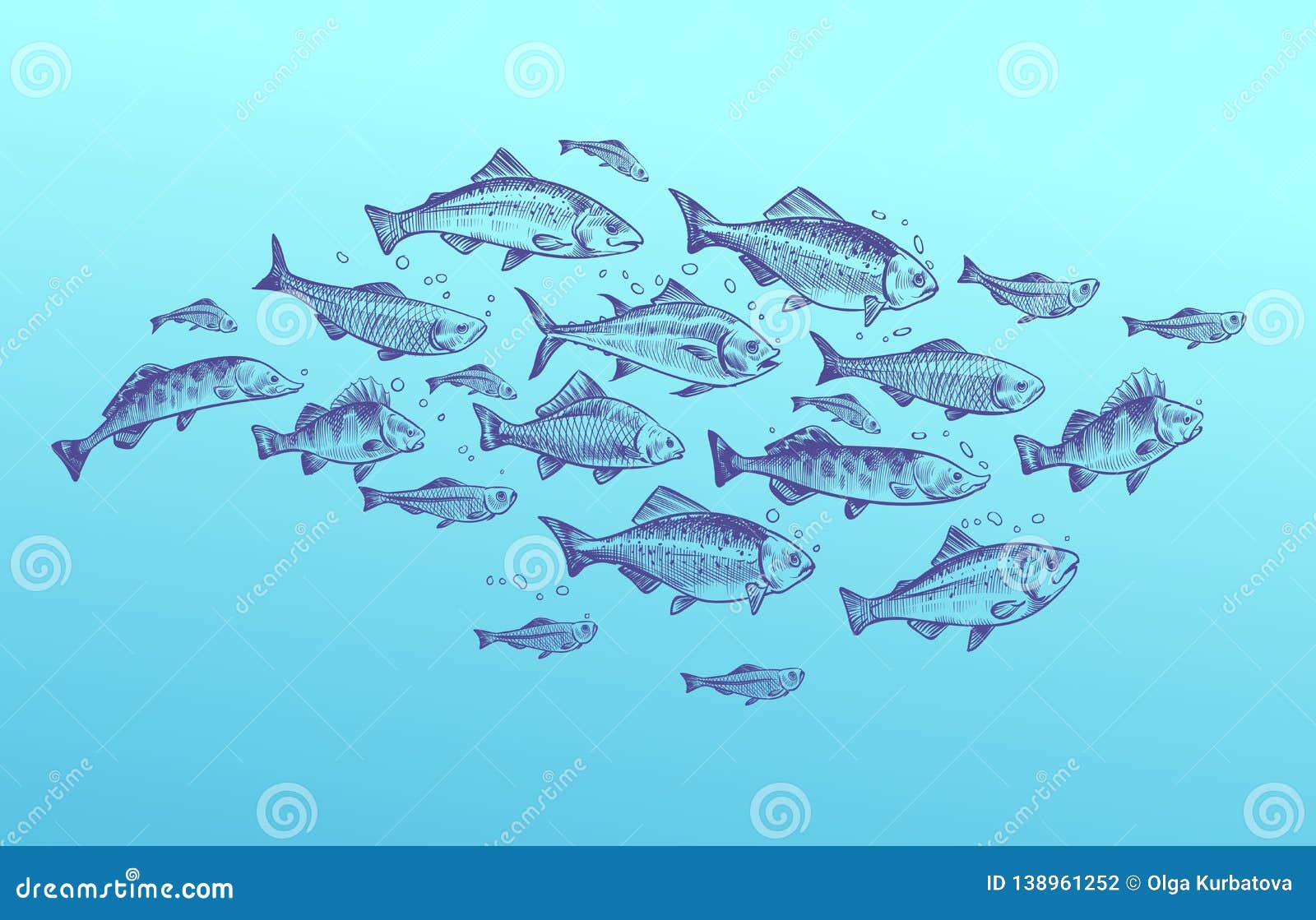 fish school. fishes group hand drawn sketch. restaurant delicacy seafood menu dorado mackerel tuna fresh food 