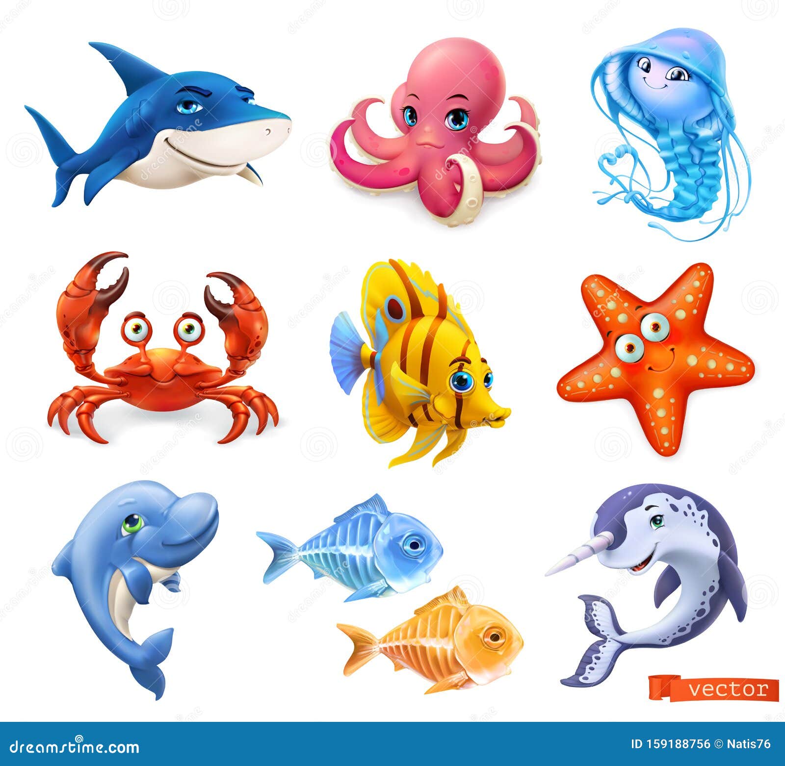 Fish and Sea Animals. Shark, Octopus, Jellyfish, Crab, Starfish ...