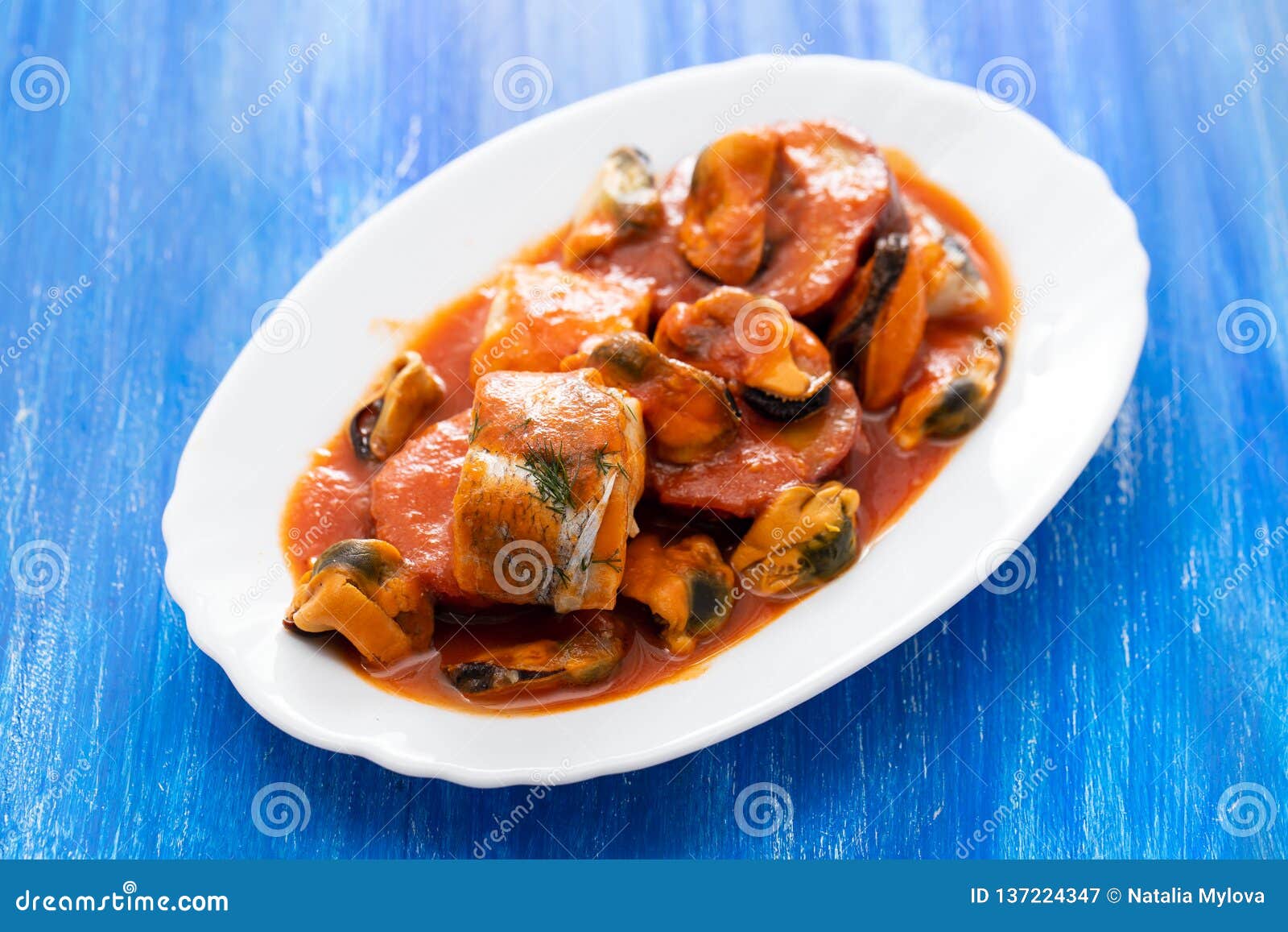 Fish with Seafood and Sweet Potato on White Dish Stock Image - Image of