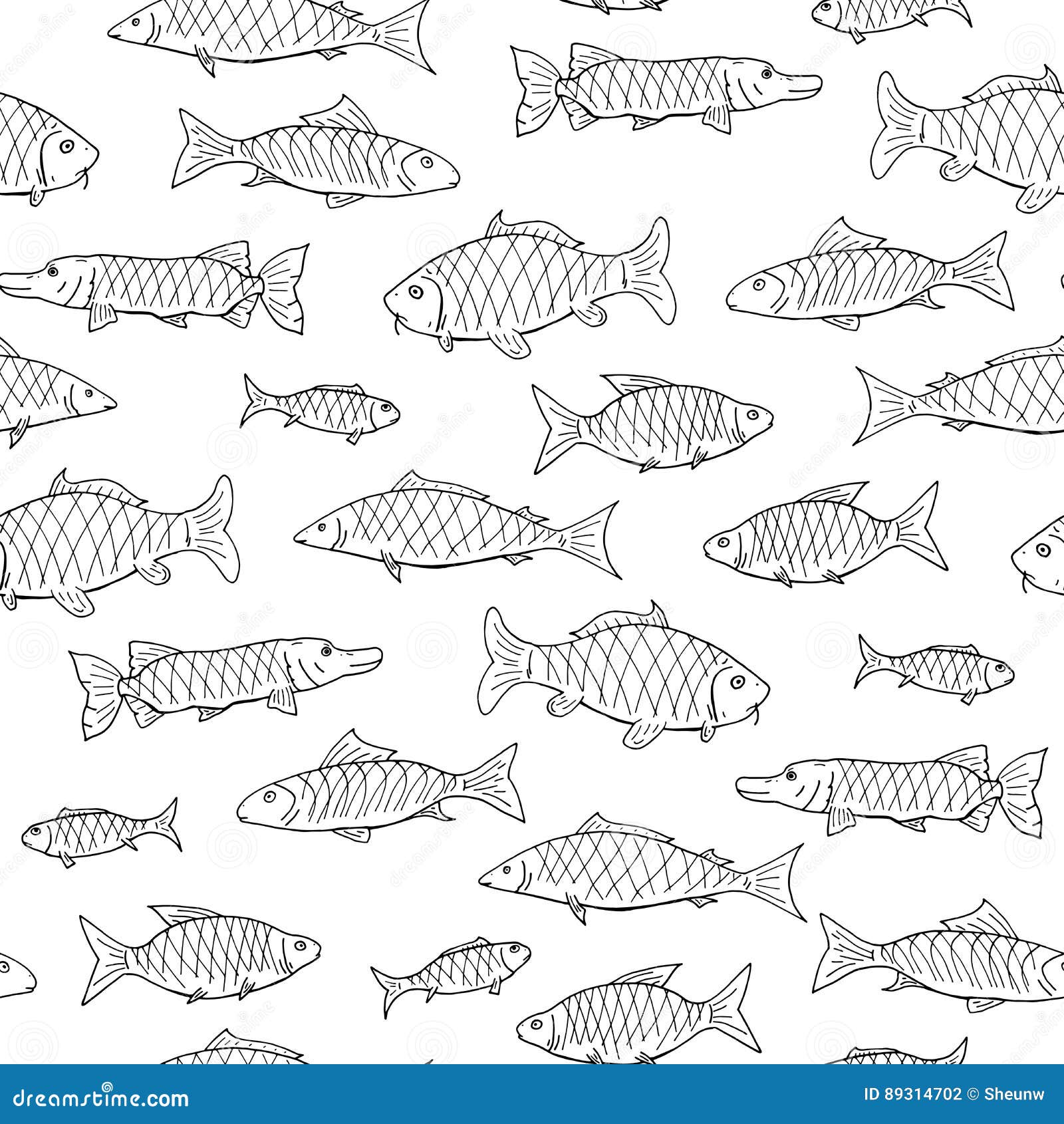 Fish Seamless Pattern in Doodle Style. Hand Drawn Stock Vector