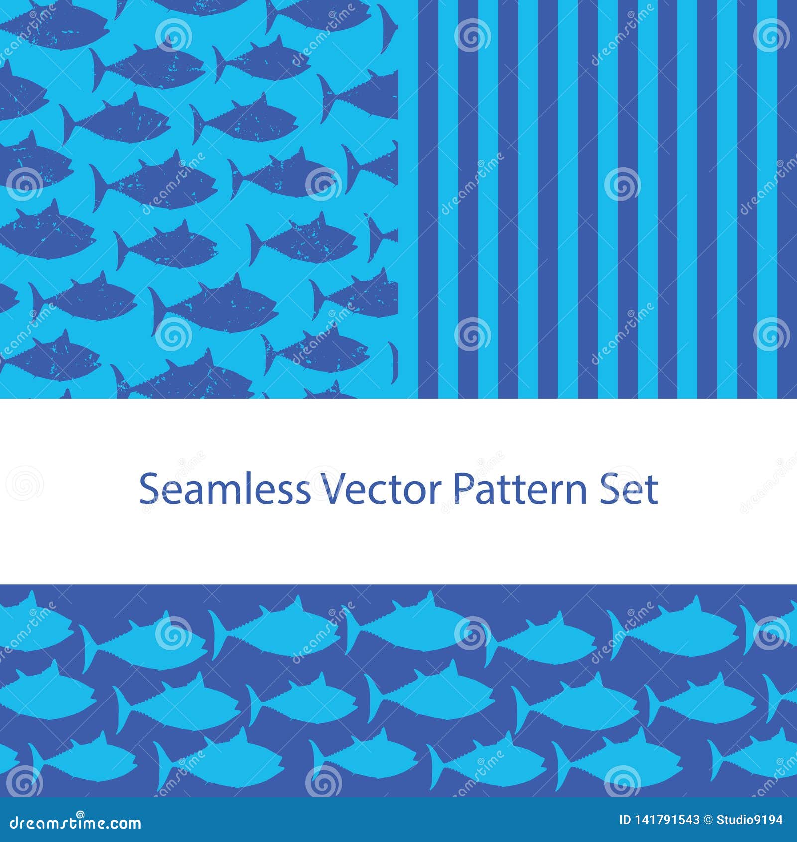 Download Fish Silhouette Vector Pattern Set. Seamless Background, Border And Coordinate. Nautical Drawn ...