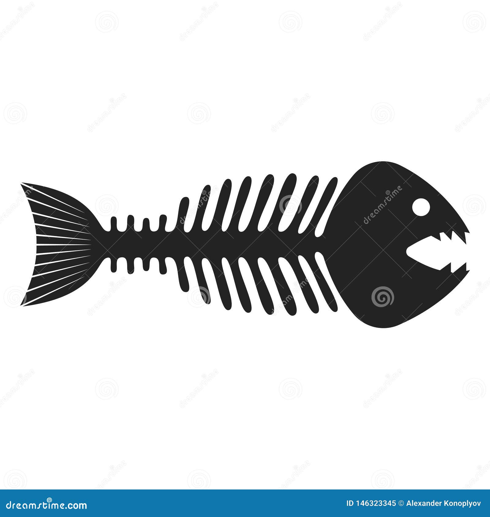 Fish Skeleton Icon, Black Fishbone and Drawing Stock Vector